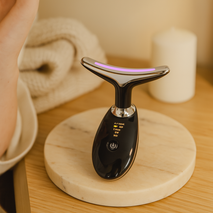 Appareil de massage LED, design ergonomique, visage et cou, lumière colorée pour soins anti-âge et éclat naturel.