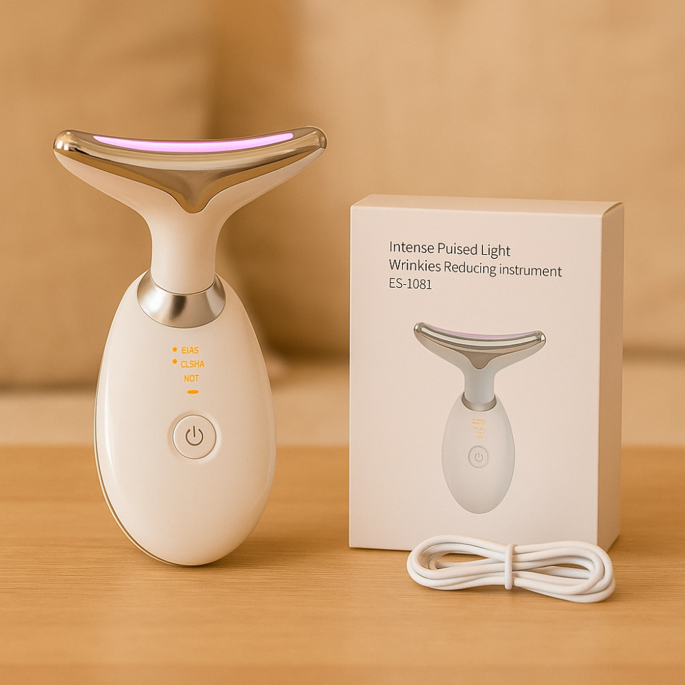 Appareil de massage LED, design ergonomique, visage et cou, lumière colorée pour soins anti-âge et éclat naturel.