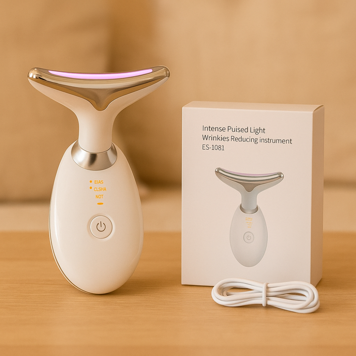 Appareil de massage LED, design ergonomique, visage et cou, lumière colorée pour soins anti-âge et éclat naturel.