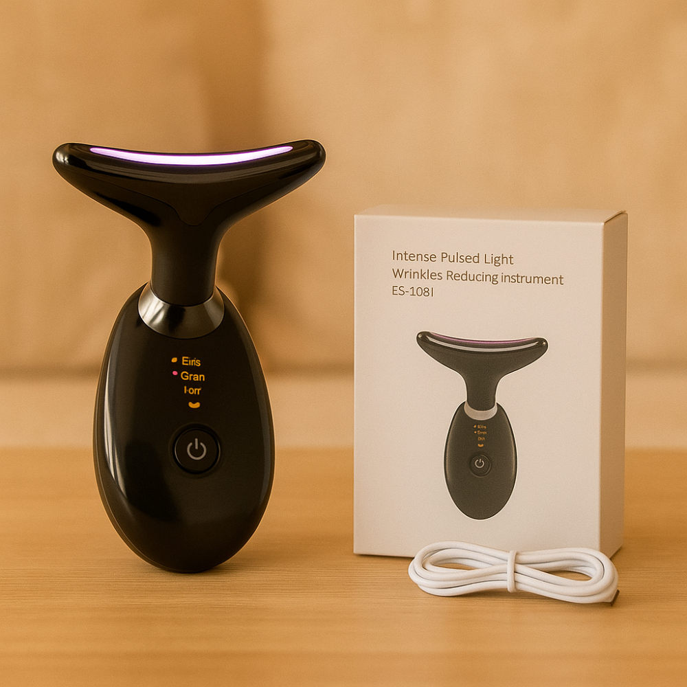 Appareil de massage LED, design ergonomique, visage et cou, lumière colorée pour soins anti-âge et éclat naturel.