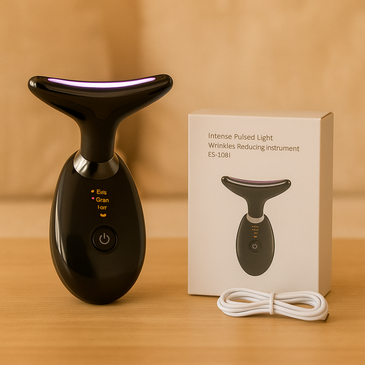 Appareil de massage LED, design ergonomique, visage et cou, lumière colorée pour soins anti-âge et éclat naturel.
