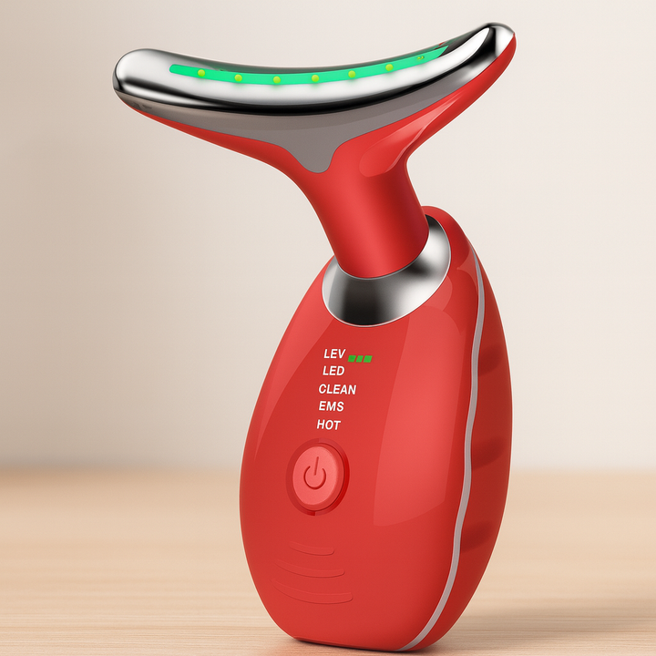Appareil de massage LED, design ergonomique, visage et cou, lumière colorée pour soins anti-âge et éclat naturel.