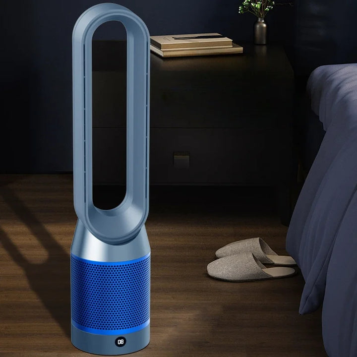 Appareil multifonction 4-en-1 élégant, noir, purificateur d'air, chauffage et refroidisseur, idéal pour maison moderne.