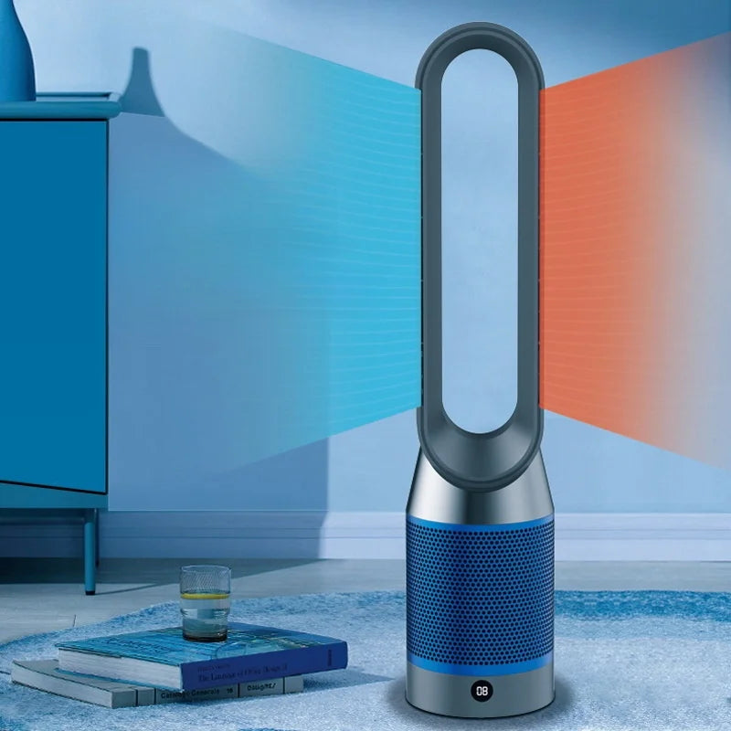Appareil multifonction 4-en-1 élégant, noir, purificateur d'air, chauffage et refroidisseur, idéal pour maison moderne.
