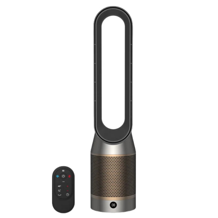 Appareil multifonction 4-en-1 élégant, noir, purificateur d'air, chauffage et refroidisseur, idéal pour maison moderne.