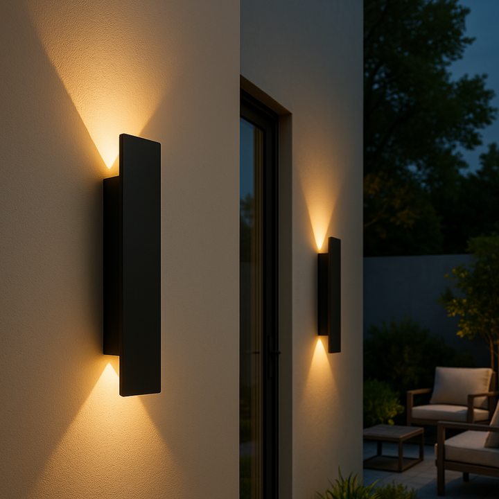 Applique murale extérieure LED, résistante aux intempéries. Design moderne et élégant pour jardin, terrasse ou balcon.