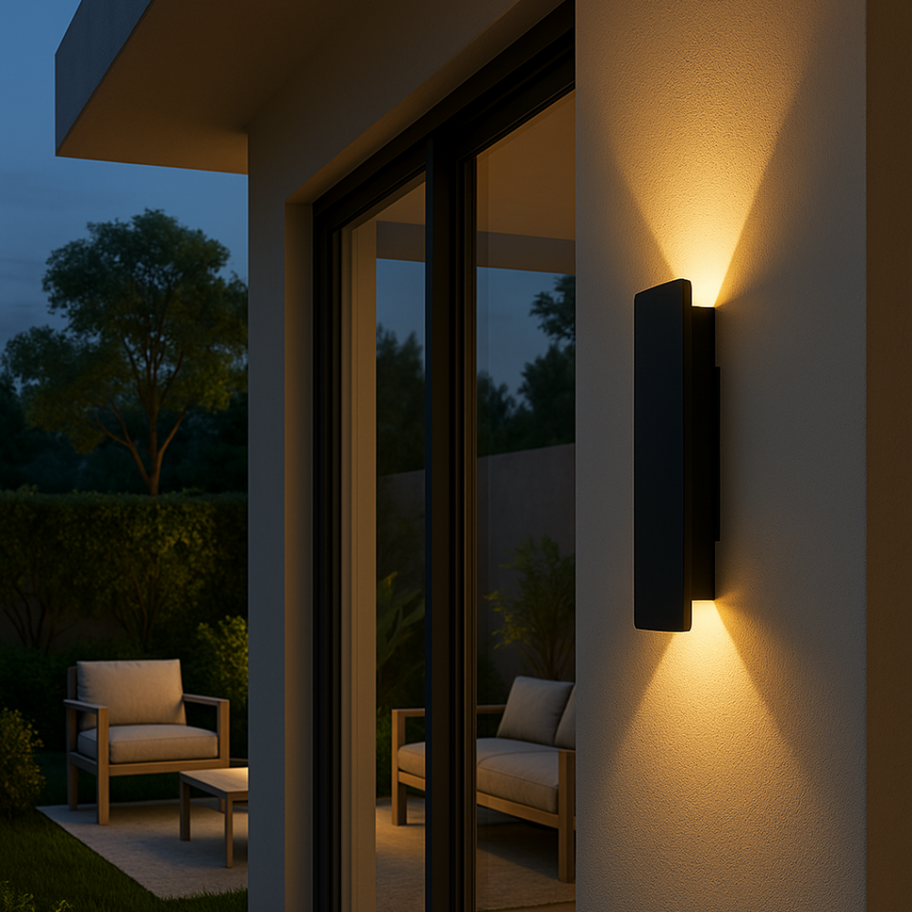 Applique murale extérieure LED, résistante aux intempéries. Design moderne et élégant pour jardin, terrasse ou balcon.