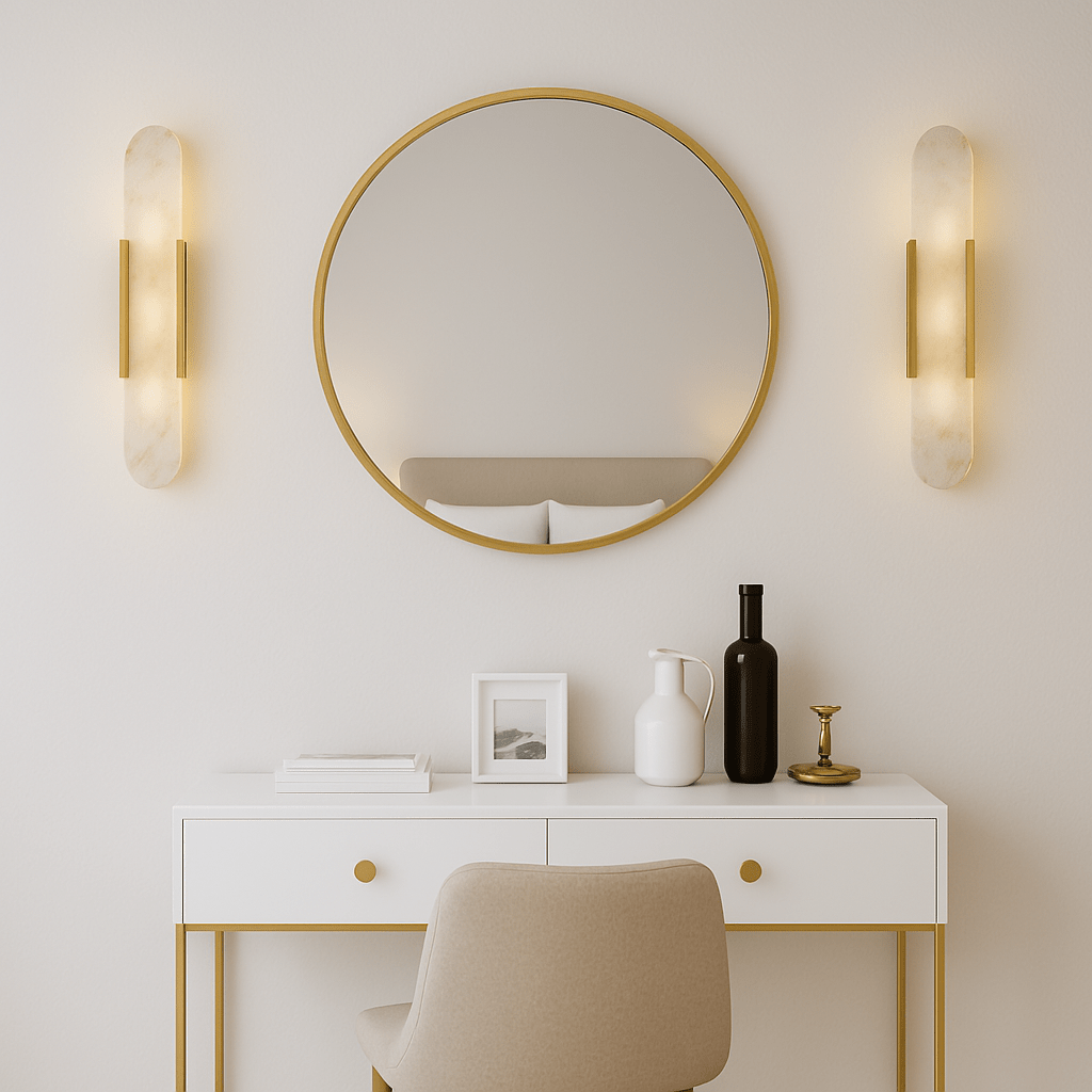 Applique murale moderne : marbre & laiton. Design élégant, lumière douce.  Idéale salon, chambre.