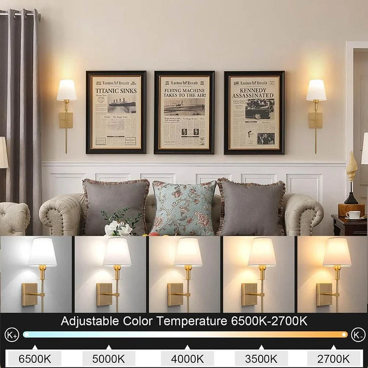 "Applique murale sans fil élégante, rechargeable, design or, éclat subtil pour intérieur moderne."