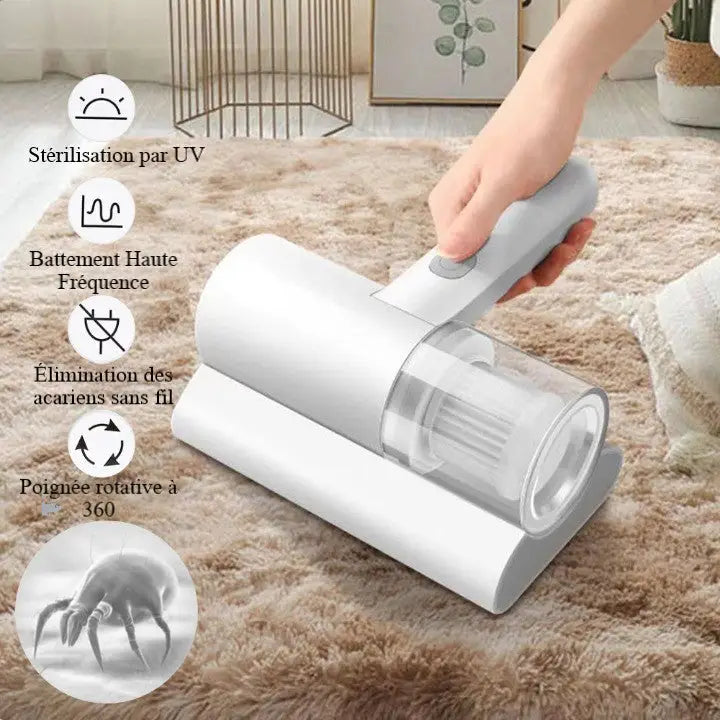 "Aspirateur à main sans fil portable avec UV et vibration, design compact, pour éliminer acariens et allergènes, couleur doré