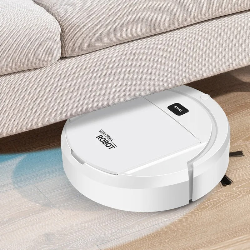 "Aspirateur robot intelligent blanc, compact, rond; design épuré; nettoyage autonome et couverture maximale."