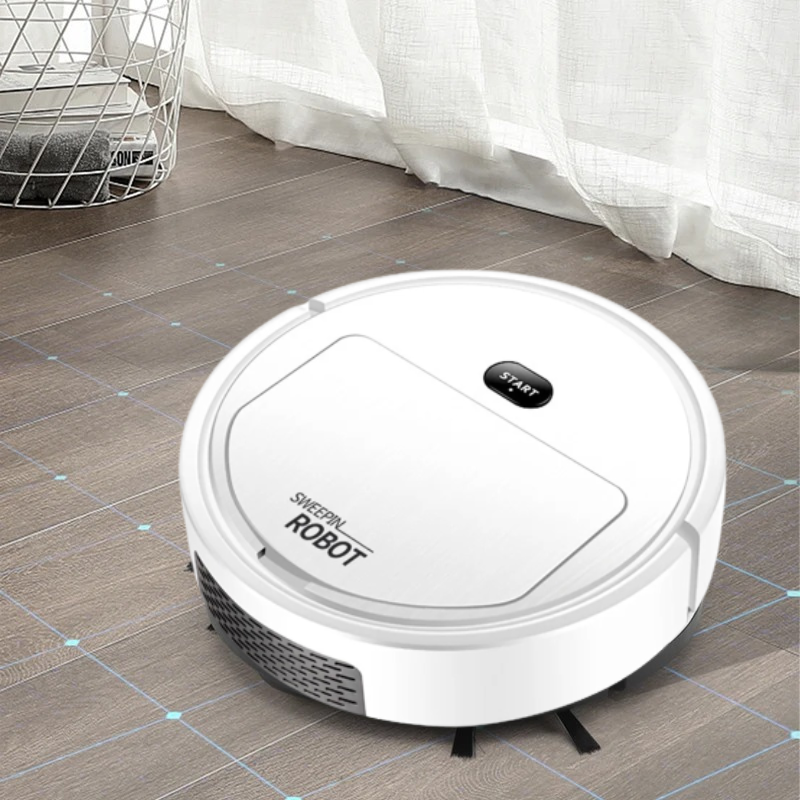 "Aspirateur robot intelligent blanc, compact, rond; design épuré; nettoyage autonome et couverture maximale."