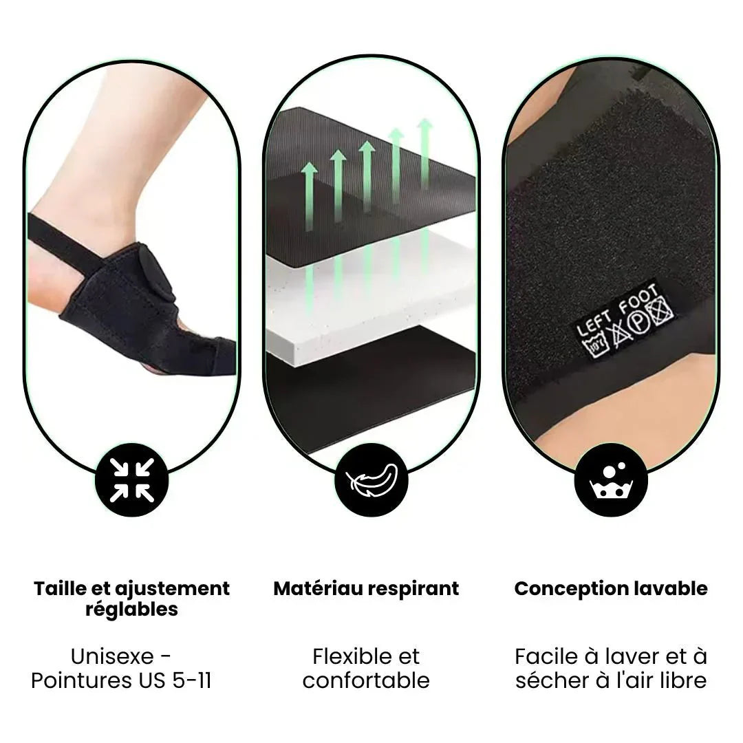 "Attelle ergonomique noire pour hallux valgus, soulagement nocturne grâce au design ajustable pour femmes."