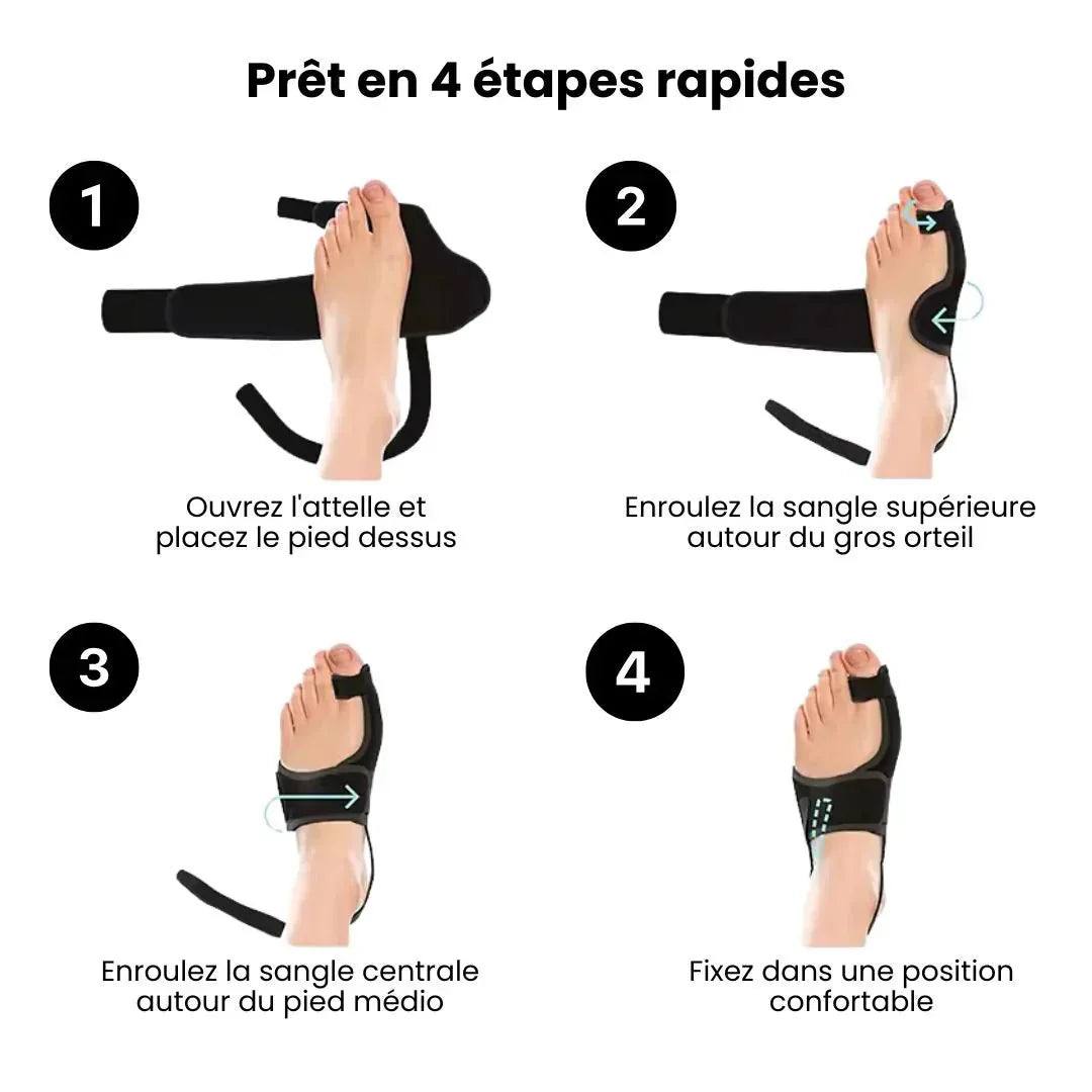 "Attelle ergonomique noire pour hallux valgus, soulagement nocturne grâce au design ajustable pour femmes."