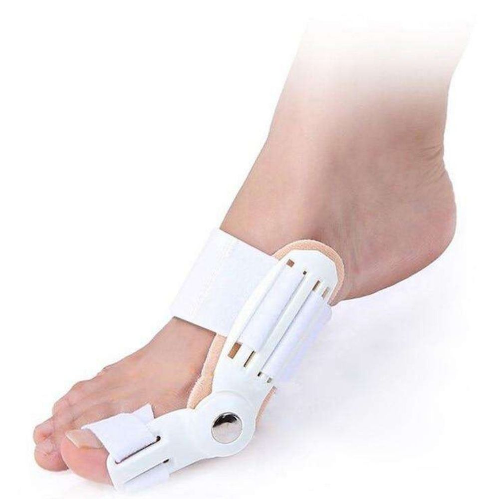 Attelle hallux valgus : correcteur oignon, soulage douleur.  Image montre l'orthèse pour correction du gros orteil.