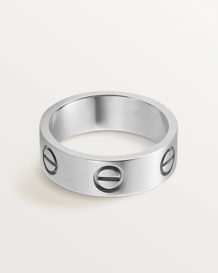 Anneau unisexe Aria moderne en argent, alliage zinc. Bijou élégant, détails vis, accessoire résistant eau.