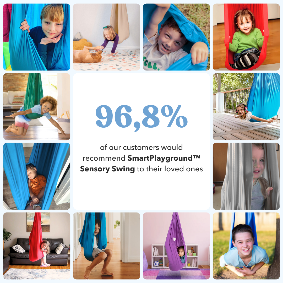 Enfant dans balançoire sensorielle, profitant d'un moment de calme et améliorant sa concentration.