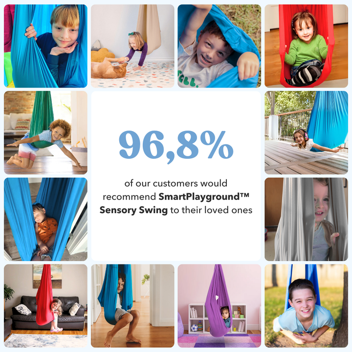 Enfant dans balançoire sensorielle, profitant d'un moment de calme et améliorant sa concentration.