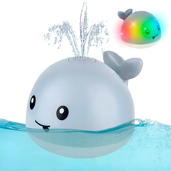 "Baleine de bain enfant LED interactive avec jets d'eau, effets lumineux multicolores et design ludique pour le bain."