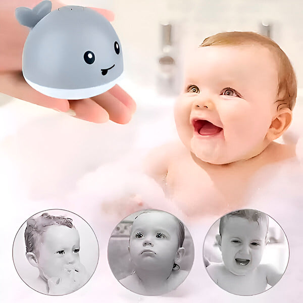 "Baleine de bain enfant LED interactive avec jets d'eau, effets lumineux multicolores et design ludique pour le bain."