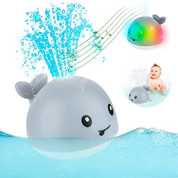 "Baleine de bain enfant LED interactive avec jets d'eau, effets lumineux multicolores et design ludique pour le bain."