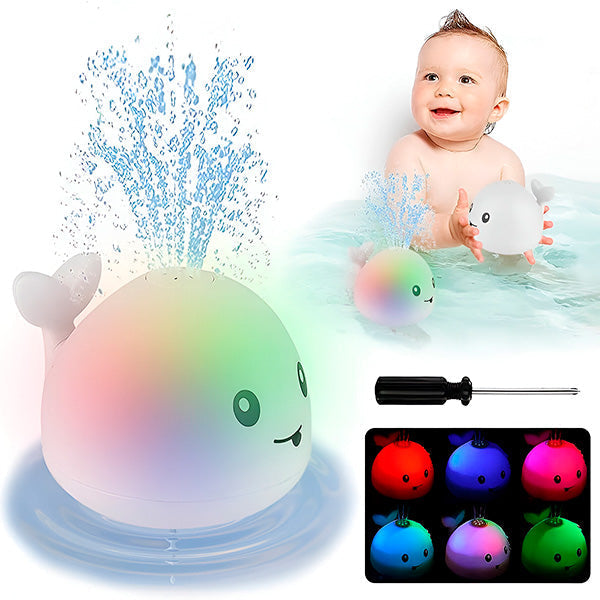 "Baleine de bain enfant LED interactive avec jets d'eau, effets lumineux multicolores et design ludique pour le bain."