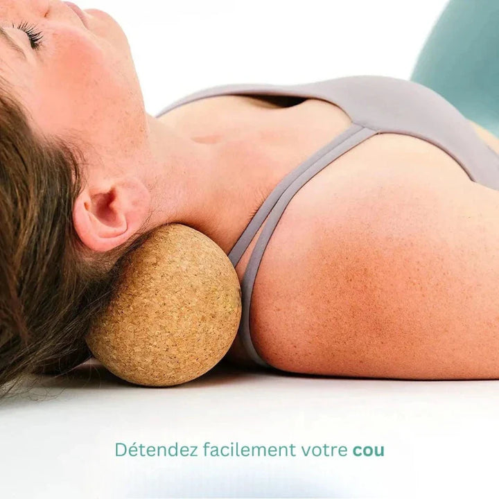 Balle de massage double en liège naturel et écologique. Forme cacahuète idéale pour dos, pieds et cou. Détente musculaire.