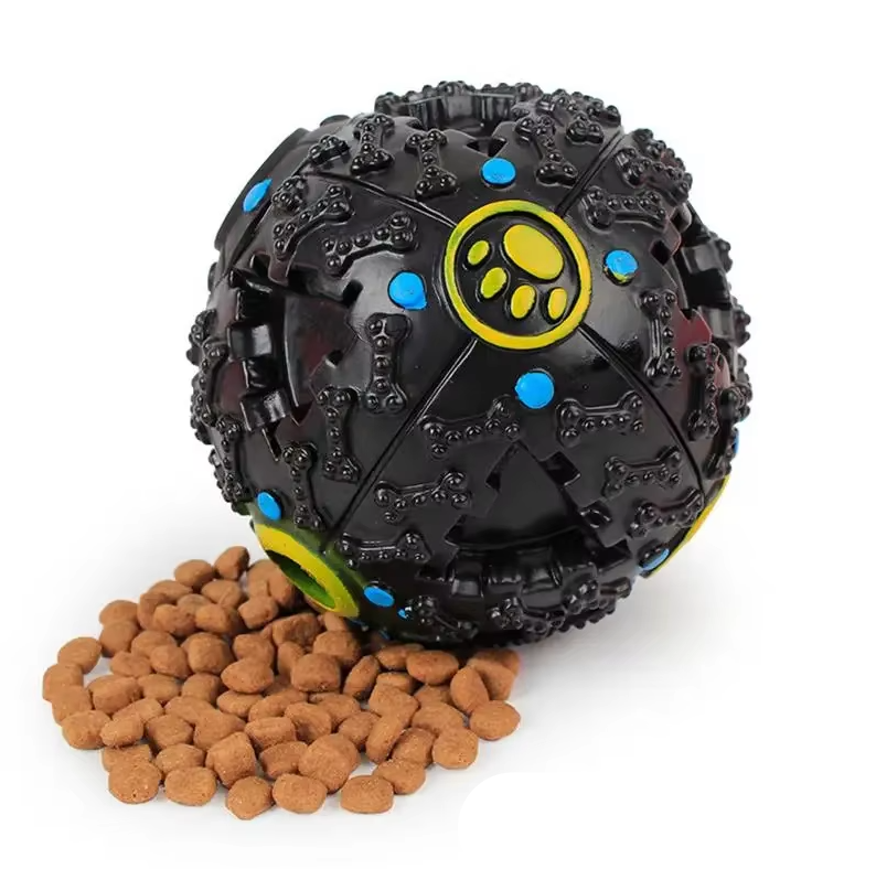 Balle interactive pour chien, robuste et durable.  Distribue friandises, couine.  Stimulation mentale et jeu.
