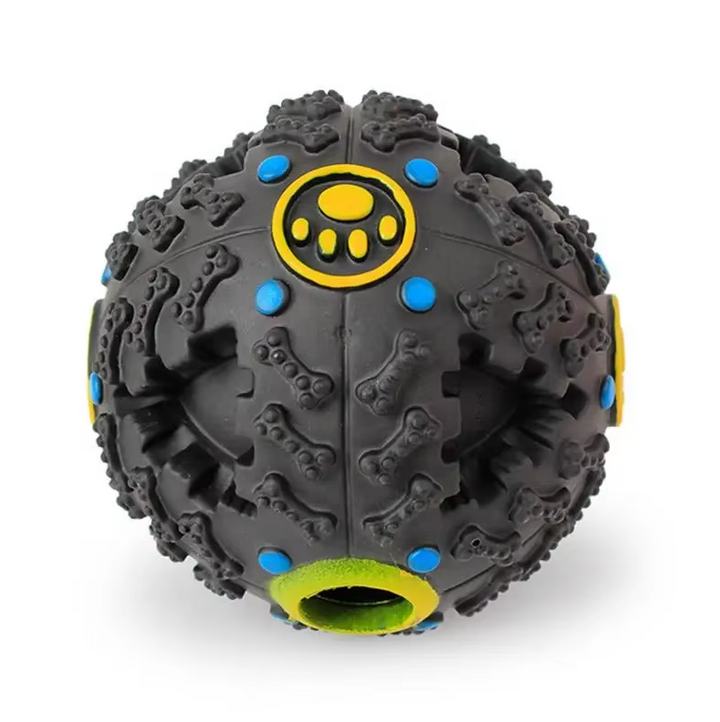 Balle interactive pour chien, robuste et durable.  Distribue friandises, couine.  Stimulation mentale et jeu.