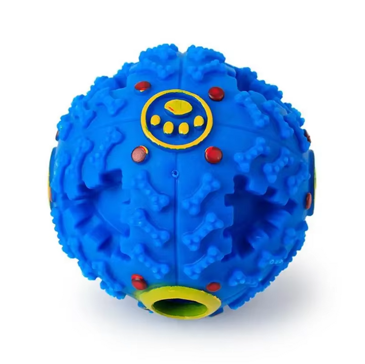 Balle interactive pour chien, robuste et durable.  Distribue friandises, couine.  Stimulation mentale et jeu.