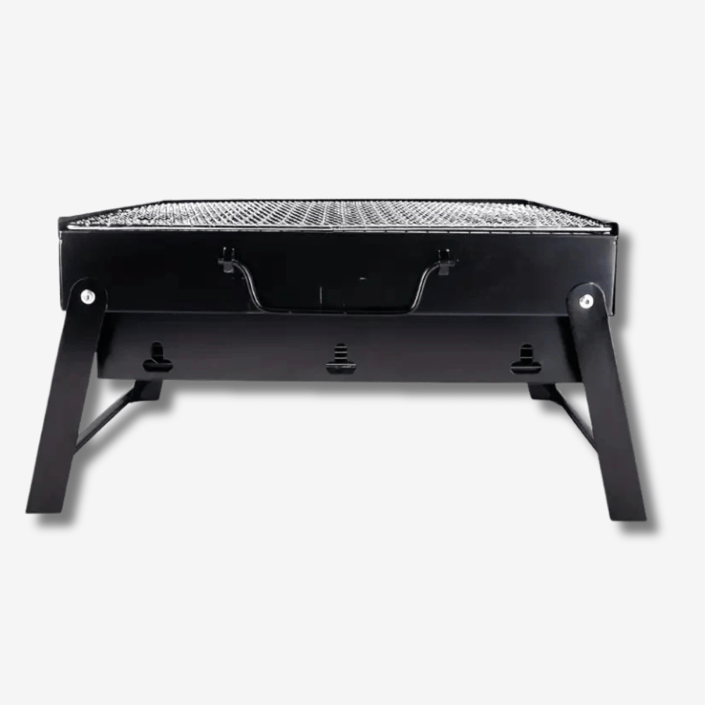 Barbecue de table pliable en métal léger et compact, idéal pour camping, structure en métal robuste et grille en acier.