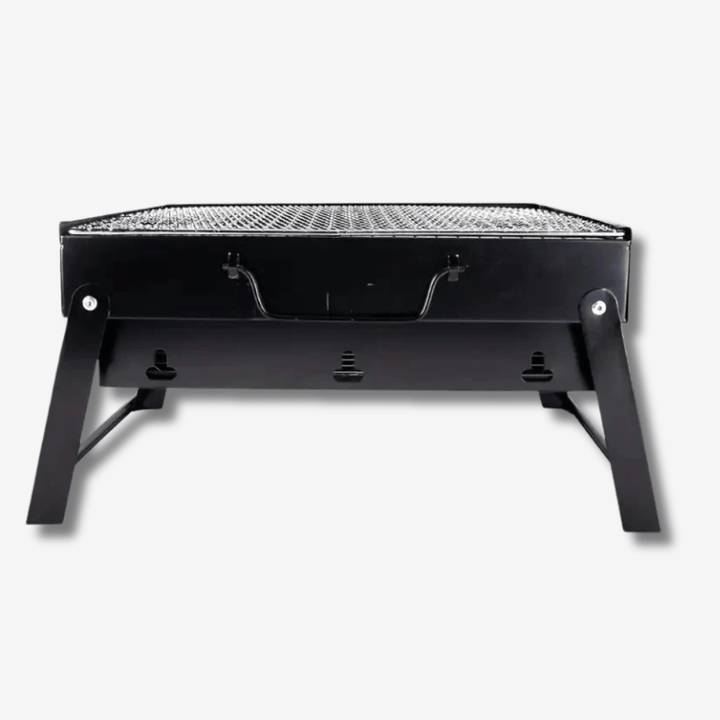 Barbecue de table pliable en métal léger et compact, idéal pour camping, structure en métal robuste et grille en acier.