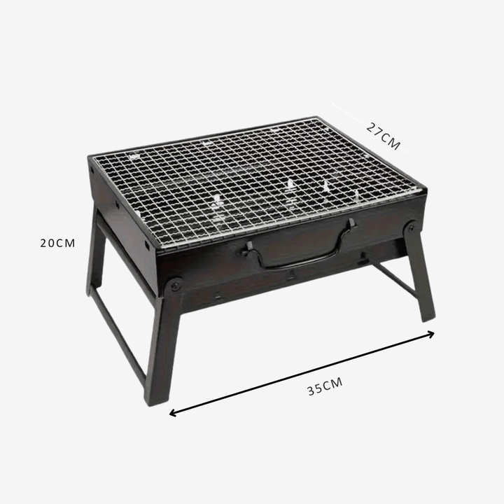 Barbecue de table pliable en métal léger et compact, idéal pour camping, structure en métal robuste et grille en acier.