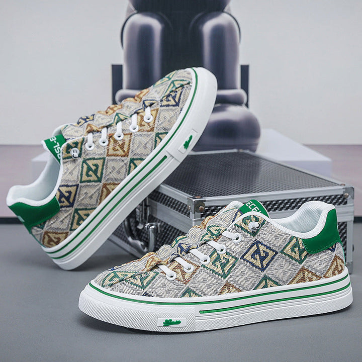 Vue latérale de baskets basses imprimées pour hommes, tendance et confortables, parfaites pour un usage quotidien.