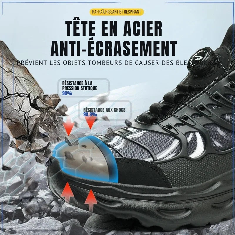 Baskets de sécurité professionnelles, légères, respirantes avec embout acier et système d'ajustement par bouton rotatif.