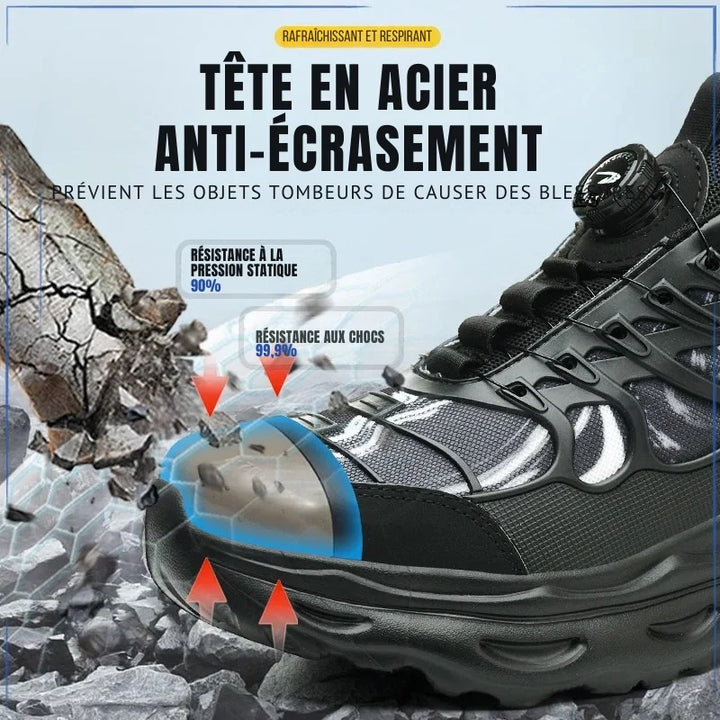 Baskets de sécurité professionnelles, légères, respirantes avec embout acier et système d'ajustement par bouton rotatif.