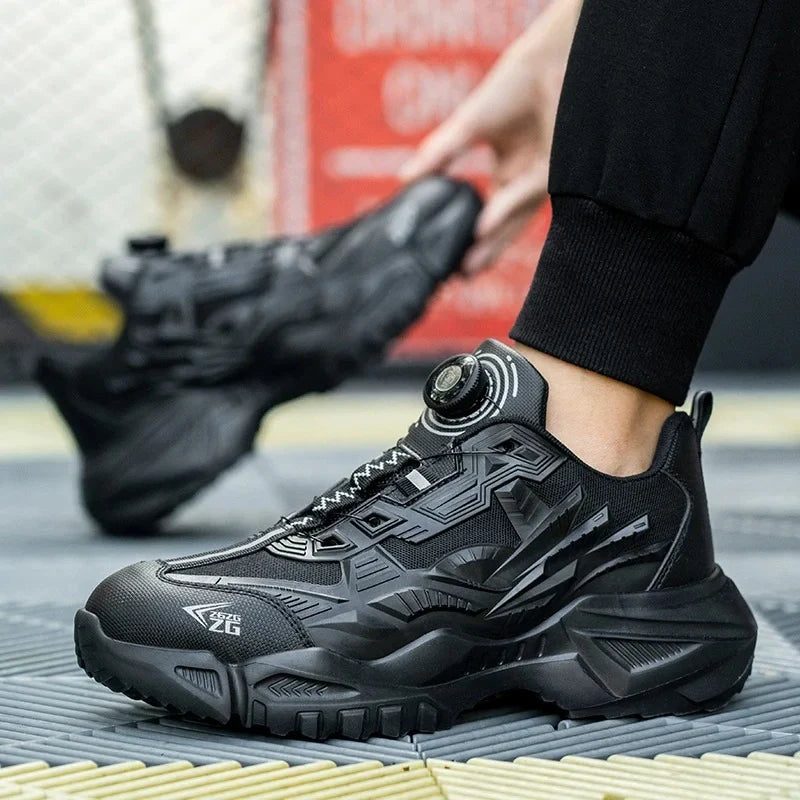 Chaussures de protection noires unisexe pour le bricolage et le chantier. Légères, sécurisées avec bouton rotatif.