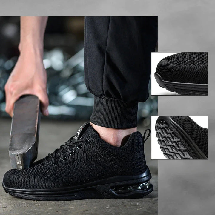 Chaussures travail respirantes: coussin d'air, embout acier, anti-perforation pour protection ergonomique.
