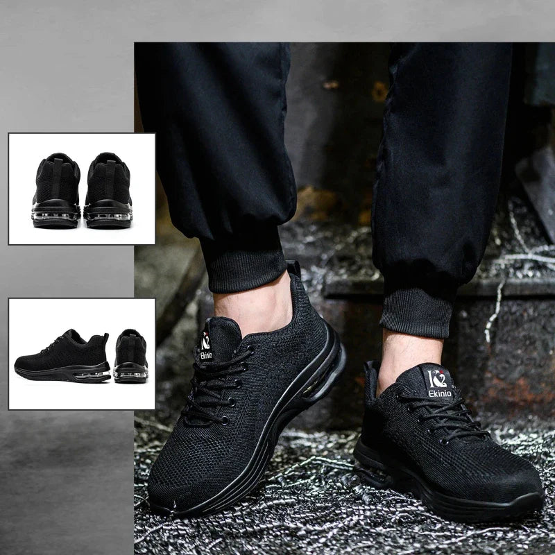Chaussures travail confortables et respirantes avec coussin d'air, protection embout acier et anti-perforation.