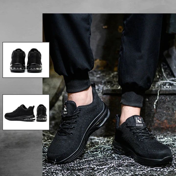 Chaussures travail confortables et respirantes avec coussin d'air, protection embout acier et anti-perforation.
