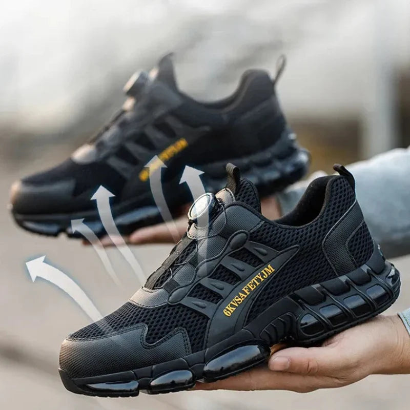 Chaussures sécurité unisexe avec serrage rapide bouton rotatif, offrant confort et protection optimale pour le travail.