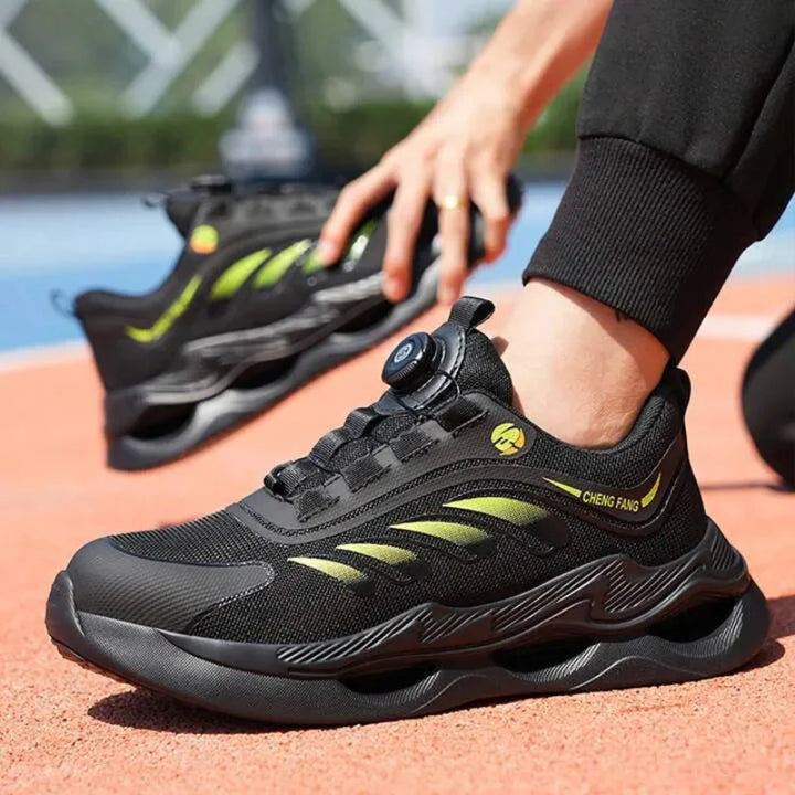 Chaussures de protection respirantes avec embout acier, semelle anti-perforation. Antidérapantes et serrage rotatif pour confort unisexe.