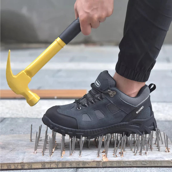 Chaussures de travail unisexes robustes. Protection complète : antidérapantes, embout acier, anti-perforation.