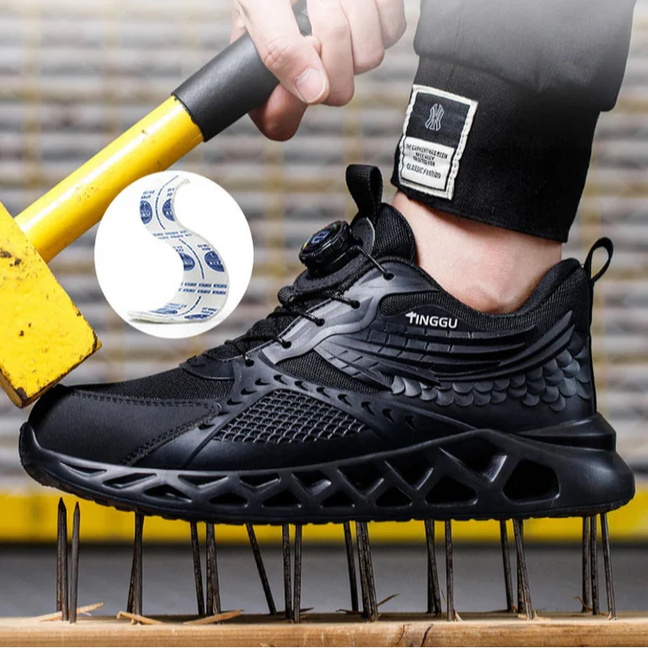 Chaussures de travail avec bouton rotatif innovant pour un laçage précis et rapide, offrant confort et protection anti-perforation.