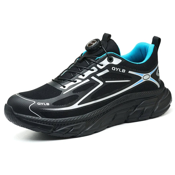 Chaussures de sécurité professionnelles, vertes, avec protection anti-perforation et bouton rotatif.