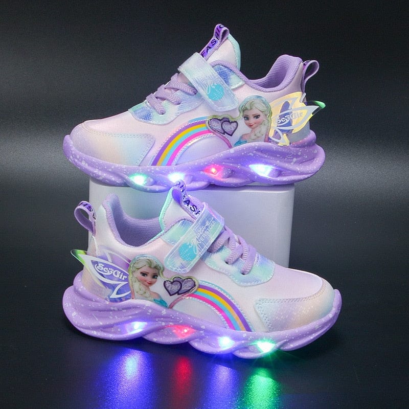 Baskets enfant LED lumineuses, rose et violet, imprimé princesse.  Sécurité et style.