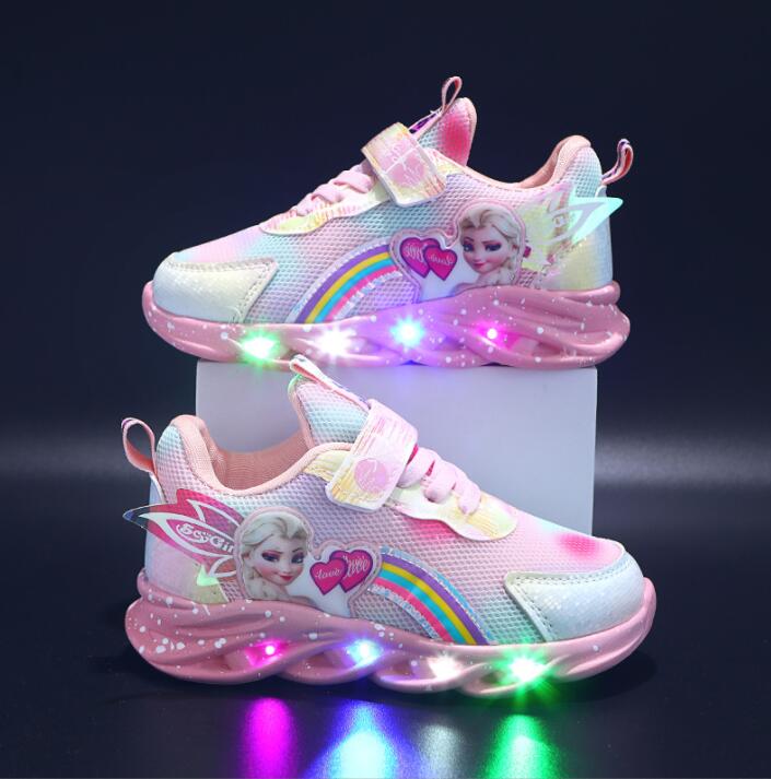 Baskets enfant LED lumineuses, rose et violet, imprimé princesse.  Sécurité et style.