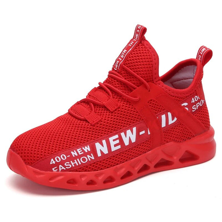 Chaussures de sport tricotées pour enfants, coloris noir et rouge, durables et respirantes.
