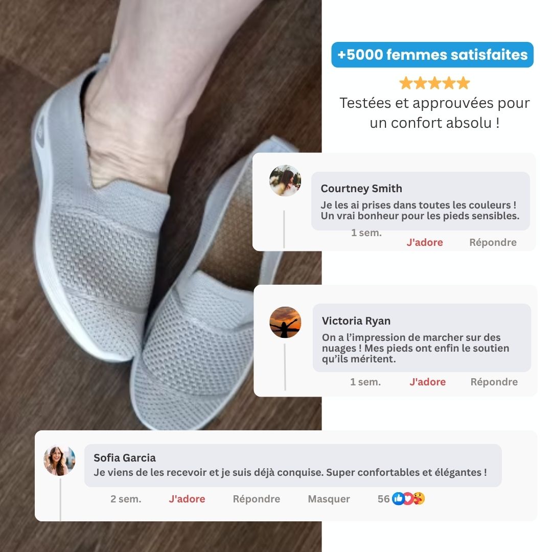 "Baskets femme confort orthopédique, design élégant, couleurs variées, pour marches prolongées."