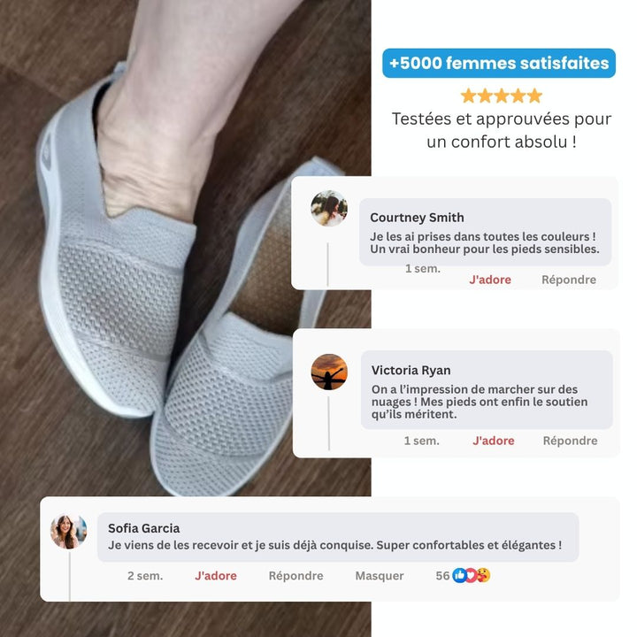 "Baskets femme confort orthopédique, design élégant, couleurs variées, pour marches prolongées."